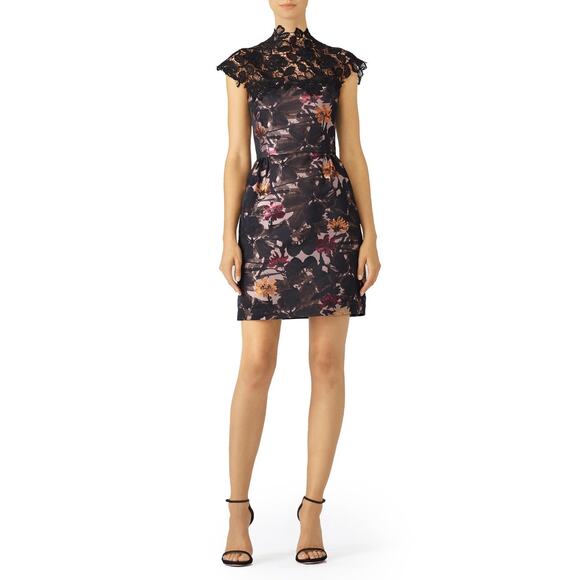 Trina Turk Floral Brocade Black Lace Cap Sleeve High Neck Sheath Mini Dress 10 - Picture 1 of 16